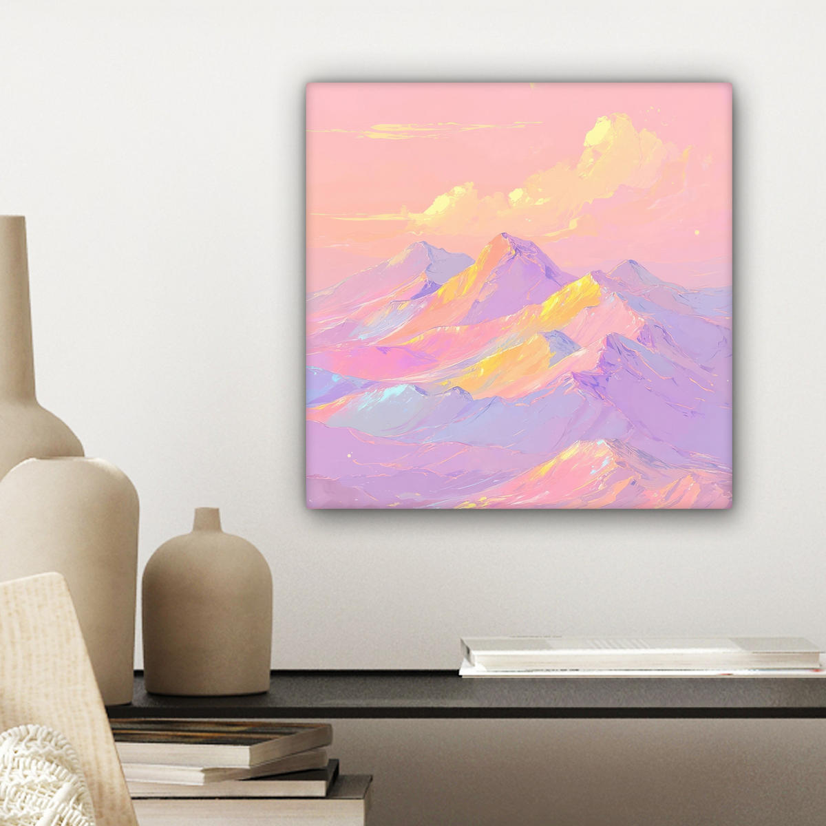 LEINWANDBILD Berggipfel - Wolken - Verträumt Deko Wohnzimmer 20x20 cm - Hellrosa, Textil (20/20cm) - MuchoWow