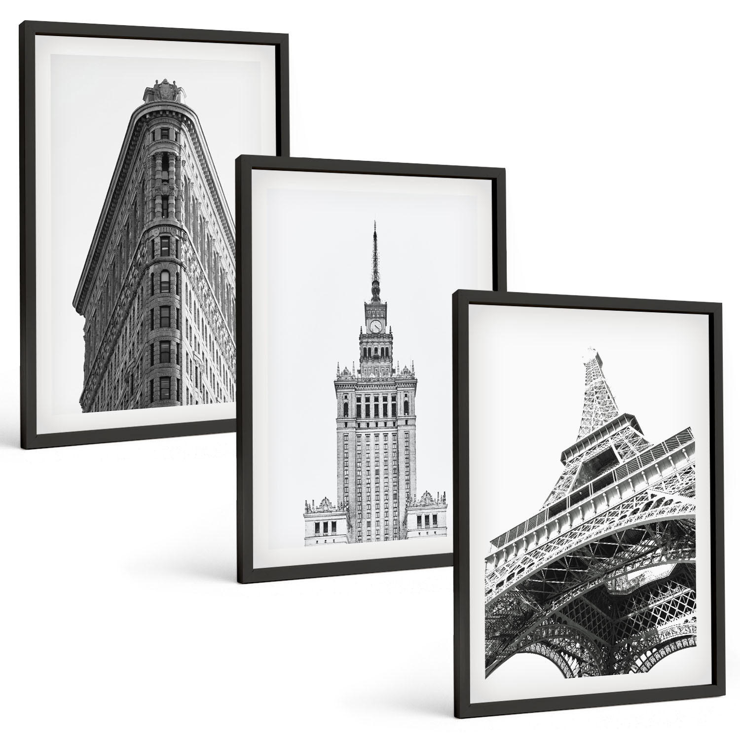 BILDER SET 3er Set - 40x60 cm Schwarzer Rahmen - Architektonische Schwarz-Weiß-Gebäude - Schwarz, Kunststoff (40/60cm) - TULUP