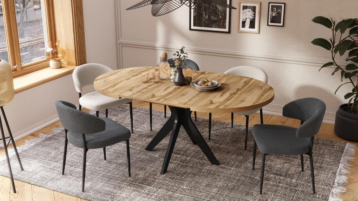 ESSTISCH rund Eiche Wotan - Schwarz ausziehbar - Eiche Wotan/Schwarz, Holzwerkstoff (110/110/77cm) - designimpex