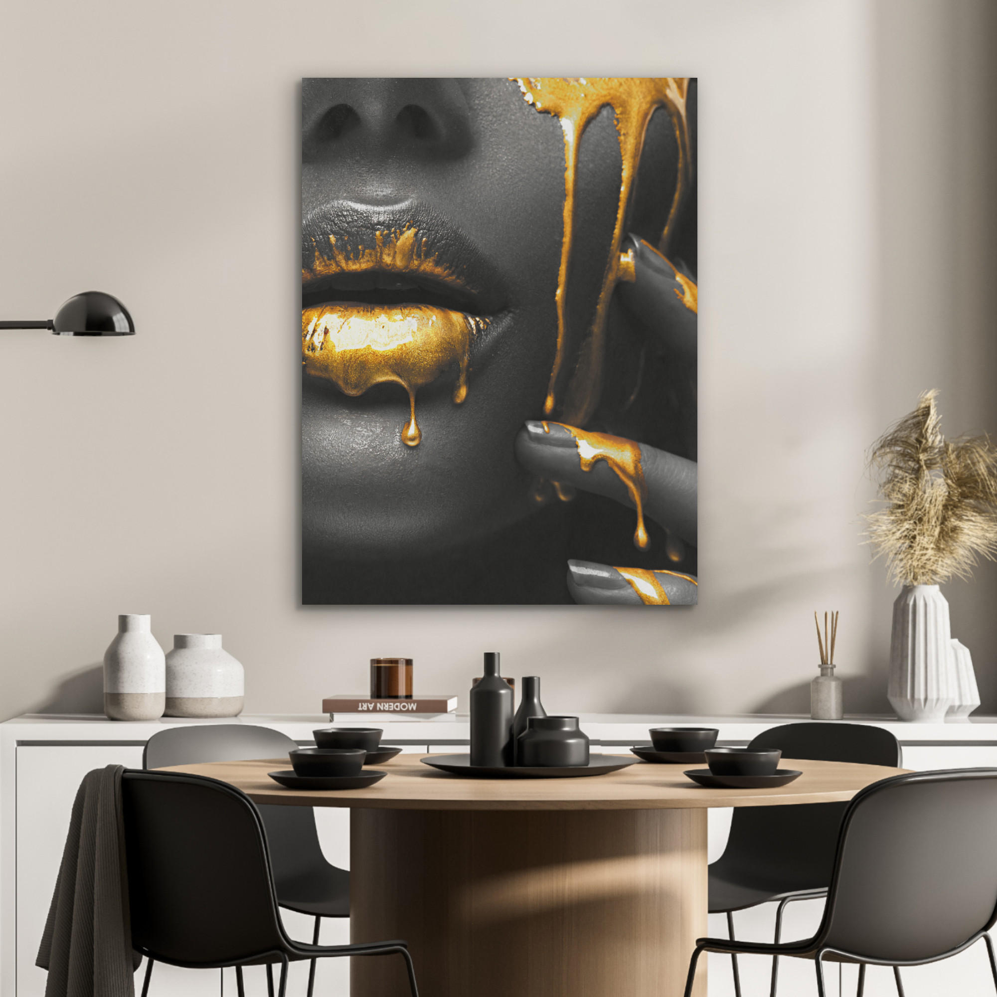 AKUSTIKPANEEL Frau - Schwarz - Gold - Gesicht - Lippen 60x80 cm - Goldfarben, Textil (60/0.9/80cm) - MuchoWow