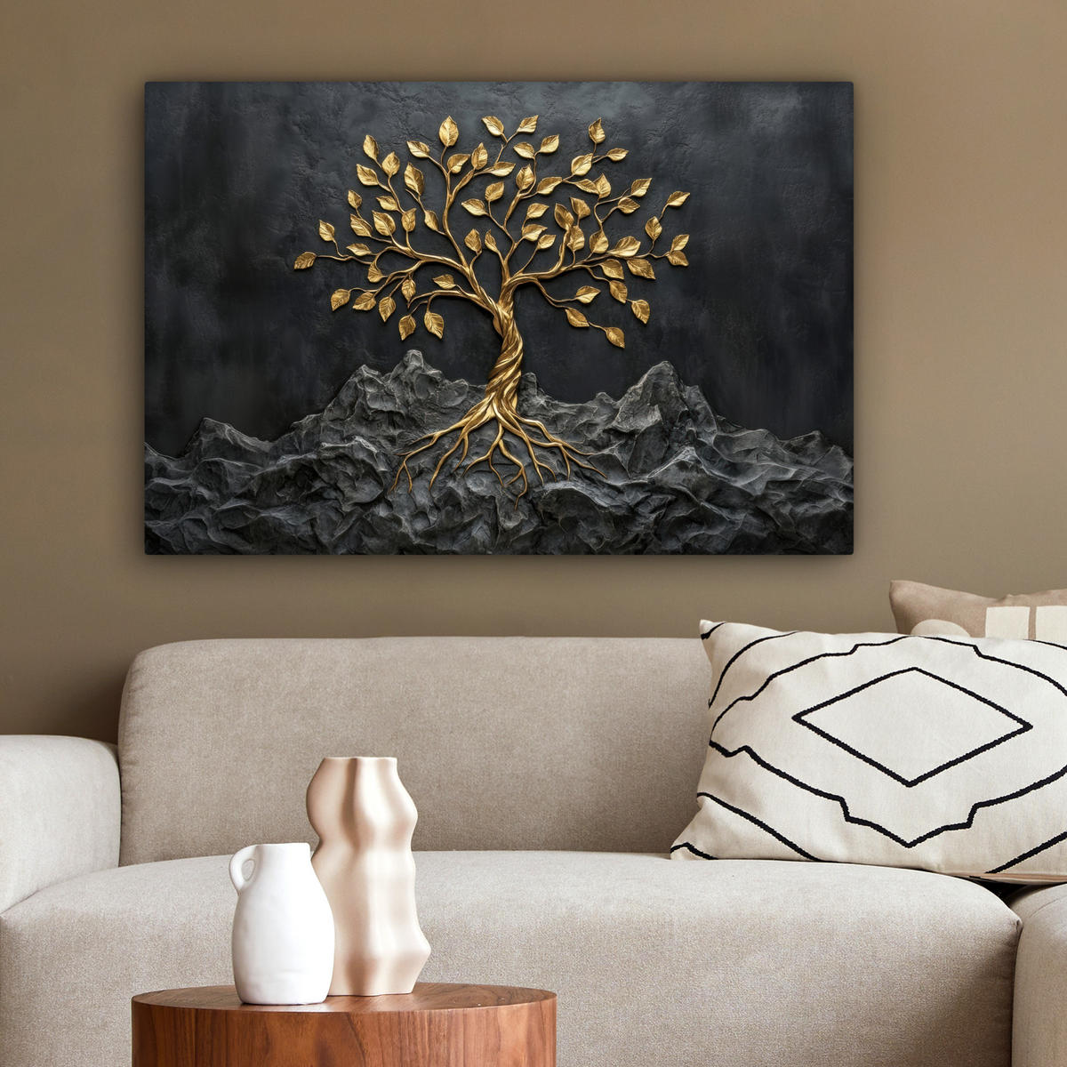 LEINWANDBILD Blätter - Gold - Baum - Fels Wanddeko 90x60 cm - Schwarz, Textil (90/60cm) - MuchoWow