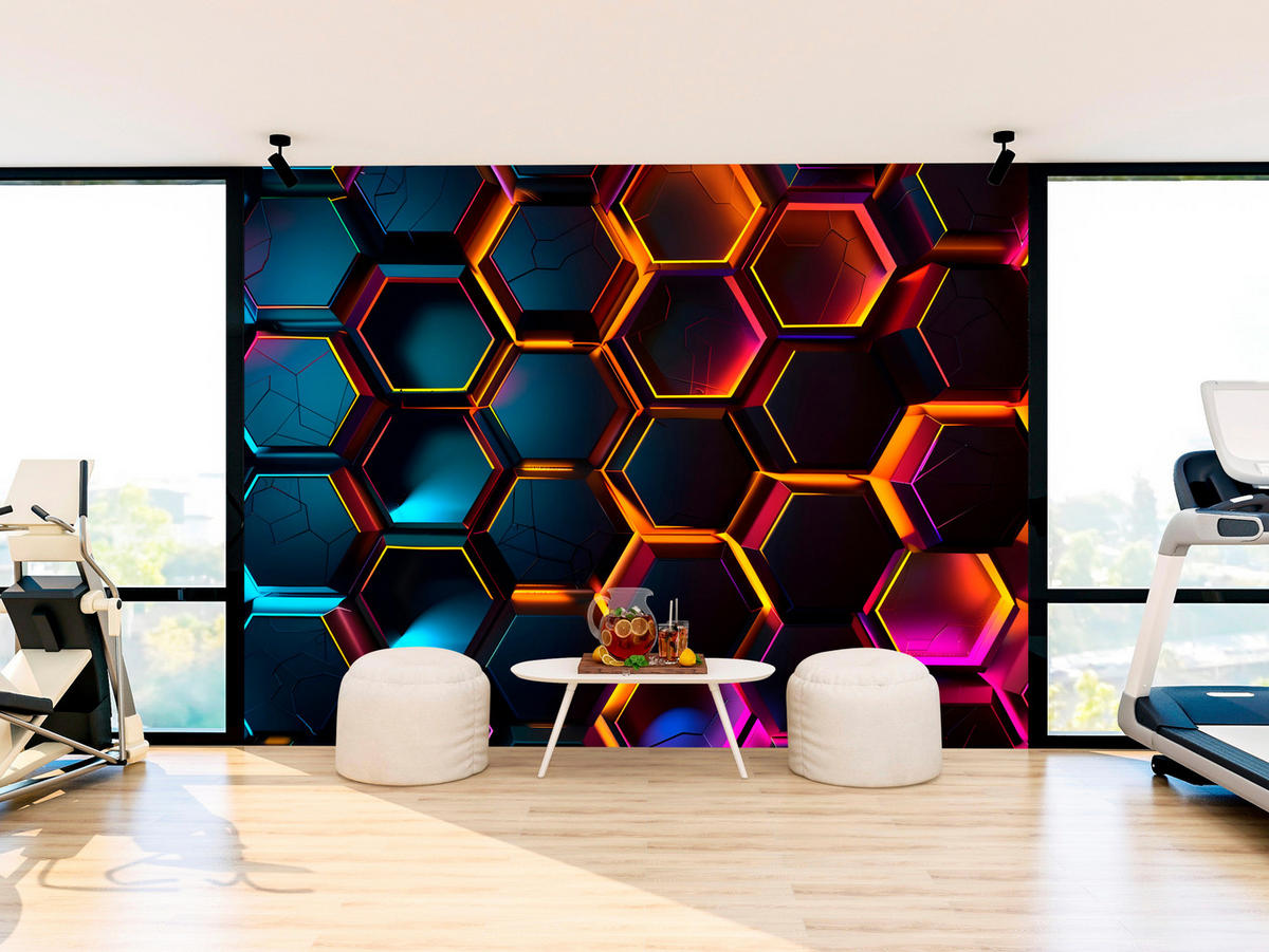 FOTOTAPETE für Jugendzimmer Schwarz Neon Hexagone 400x280 - Gelb/Schwarz, Papier (400/280cm) - Muralo
