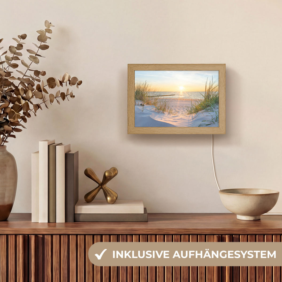 TISCHLEUCHTE Strand - Sonne - Düne - Gras - Sand - Horizont 20x15 cm - Cognac, Holzwerkstoff (8/20/15cm) - OnlyWow