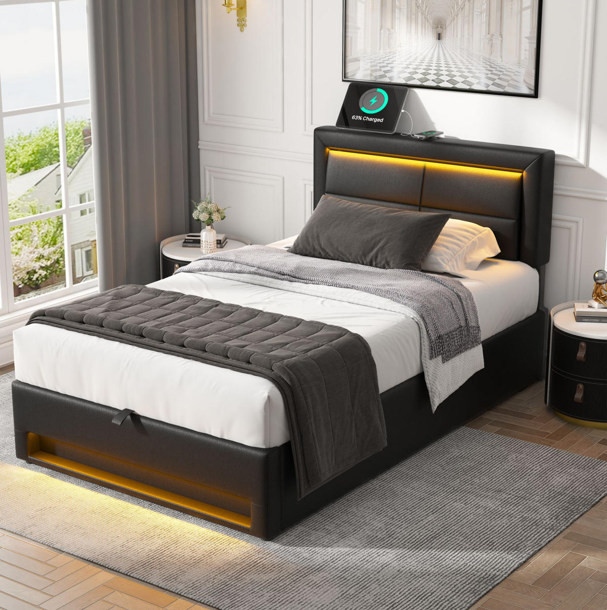POLSTERBETT mit USB, LED und Stauraum 90x200 cm PU Schwarz - Schwarz, Metall (90/200cm) - Meubliv