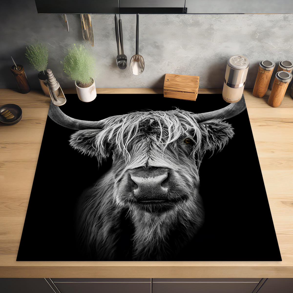 HERDABDECKPLATTE Schottischer Highlander - Hörner - Schwarz - Weiß - Kuh - Wild - Tiere Induktionsmatte 78x78 cm - Schwarz, Kunststoff (78/78/0.2cm) - MuchoWow