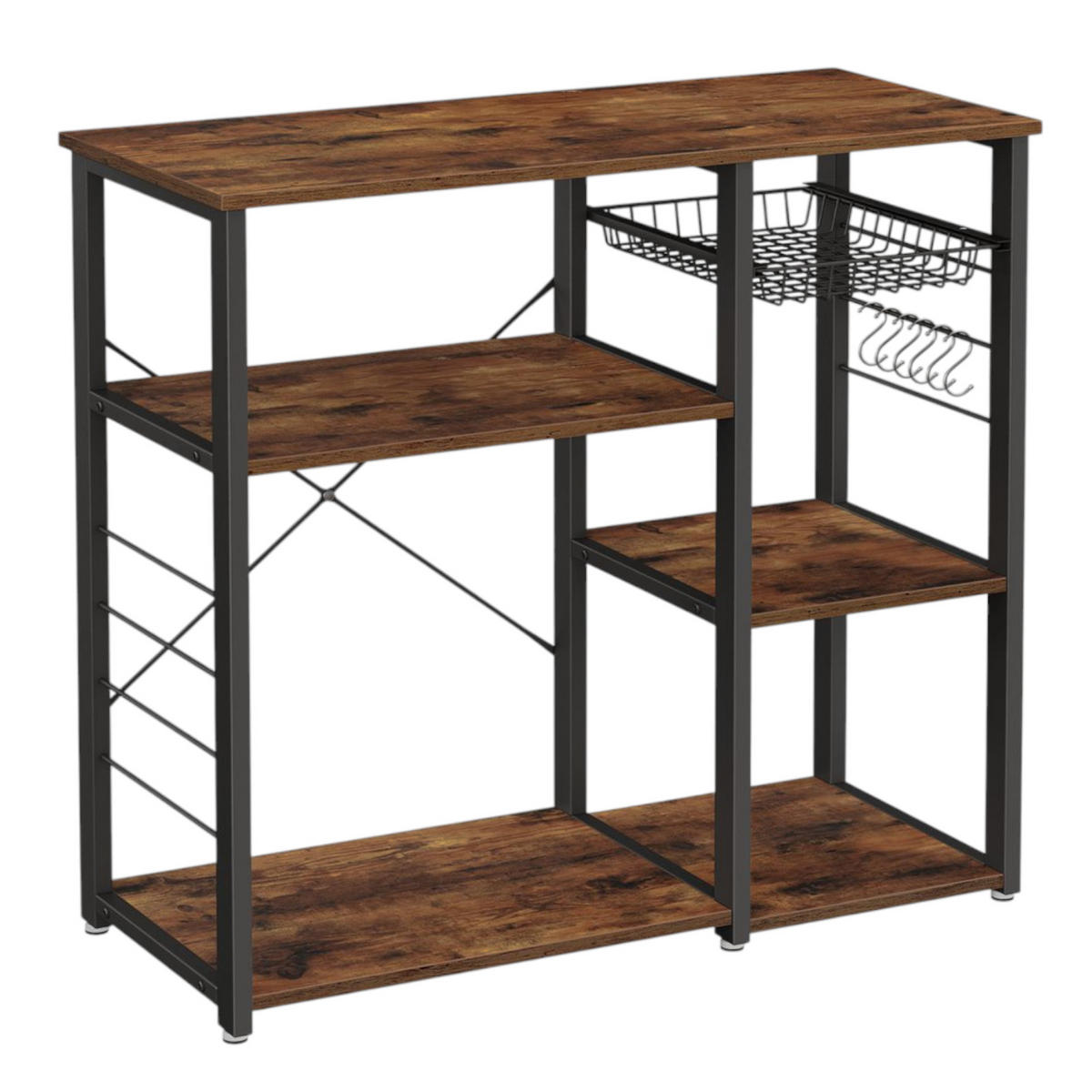 KÜCHENREGAL Holzoptik Metall Dunkelbraun Schwarz mit Haken & Korb 90x40x84 cm - Dunkelbraun/Schwarz, Holzwerkstoff/Metall (90/84/40cm) - Begryf