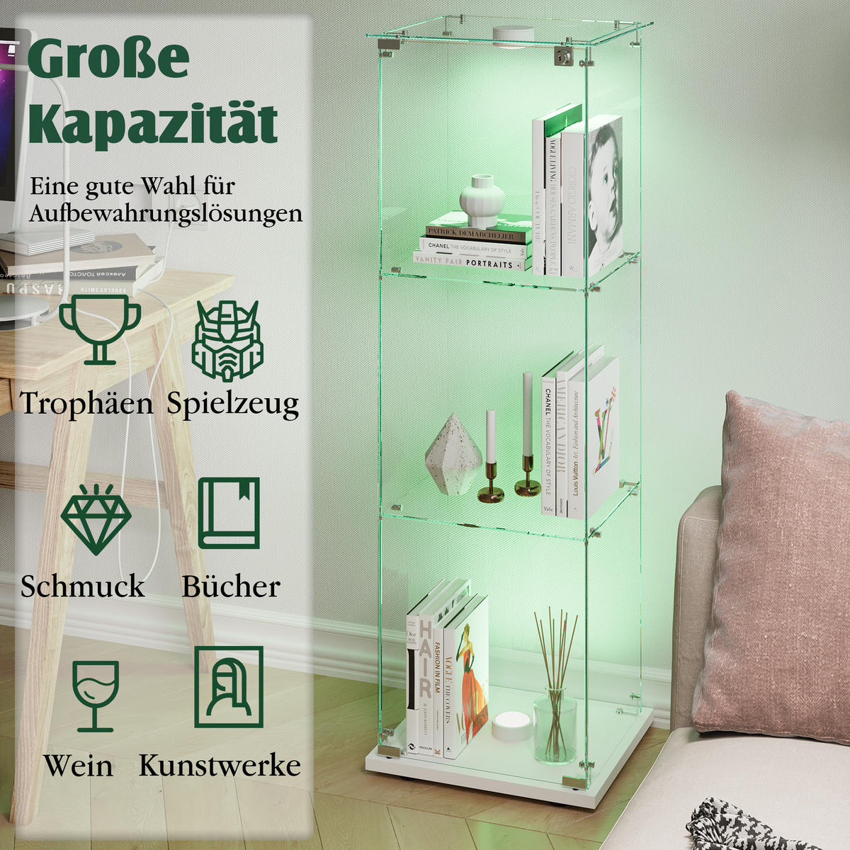 VITRINE, 3 Einlageplatten, einflügelige Glastür mit Schloss, Touch-Spot-Leuchten, Weiß - Weiß, Glas (39.8/123.3/35cm) - BRILVERDE