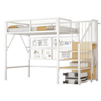 HOCHBETT 90/200 cm mit LED-Beleuchtung, Treppe mit Stauraum und Kleiderschrank, Metall, Weiß/Schwarz - Weiß, Metall (90/200cm) - Redom