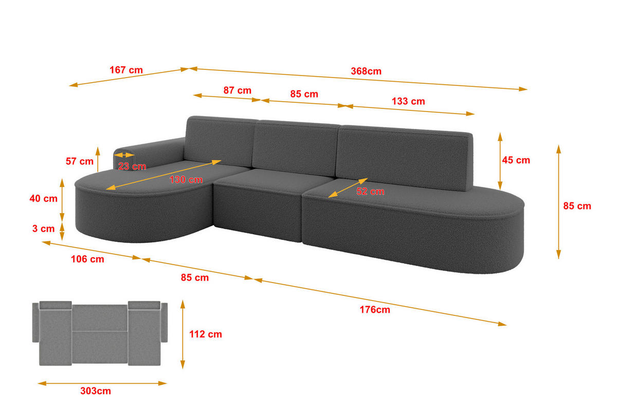 ECKSOFA mit Schlaffunktion Ottomane Links MARI L2-S 368X167X85 Grau Bouclé - Schwarz/Grau, Holzwerkstoff/Kunststoff (368/167cm) - ALTDECOR
