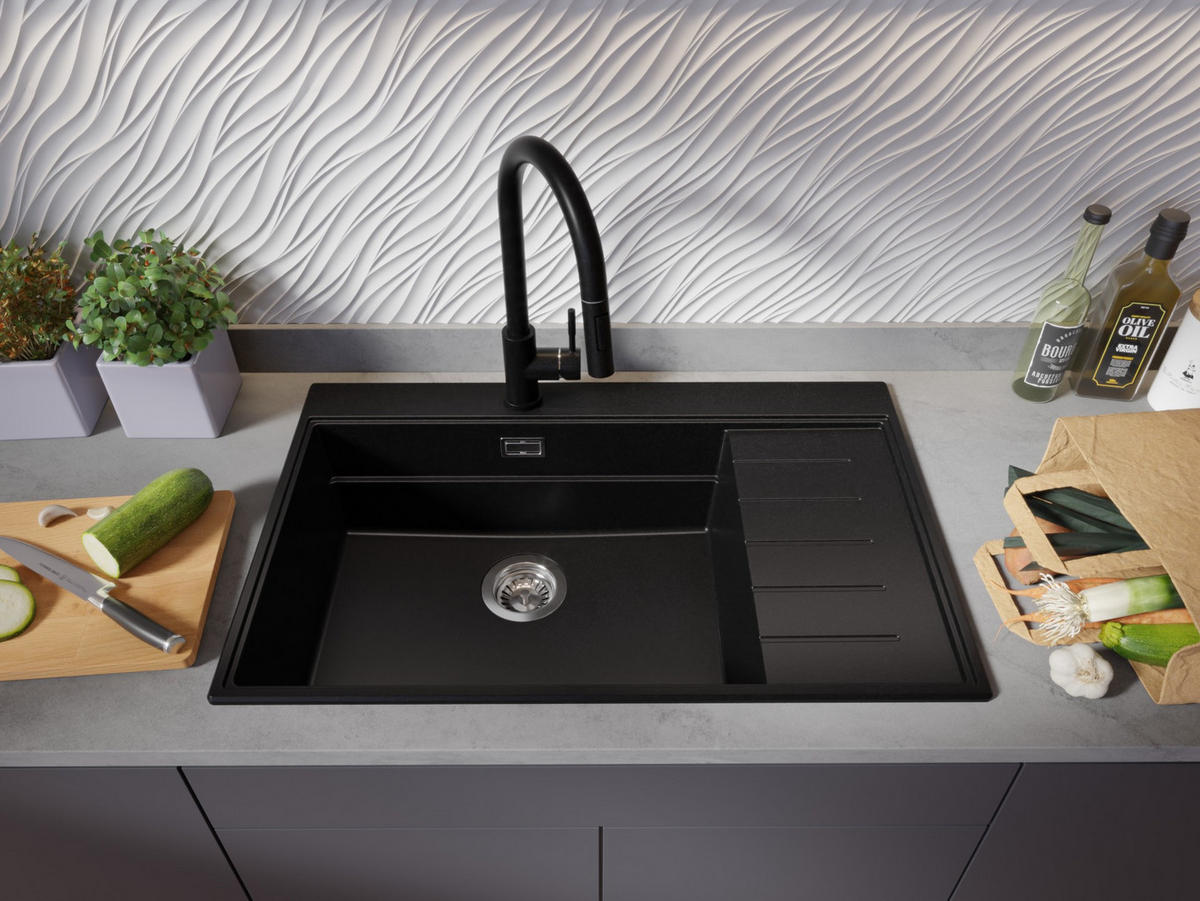 GRANITSPÜLE Sydney, 2-er set Schwarz 78/50 cm 1 Becken + Küchenarmatur 40/20 cm + Ablauf-Set + Küchenzubehörset ab 60er Unterschrank - Chromfarben/Beige, Kunststoff (78/20/50cm) - Primagran
