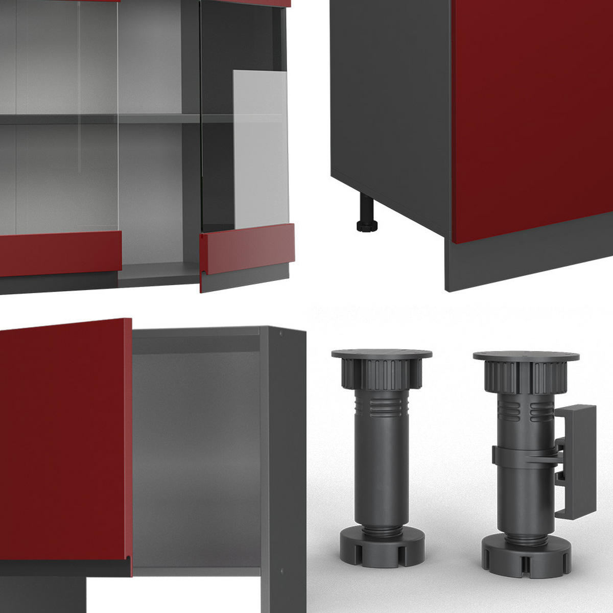 KÜCHENZEILE R-Line Rot/Anthrazit 300 cm mit Hochschrank, AP Eiche - Anthrazit/Rot, Holzwerkstoff (300/81.6/60cm) - Vicco