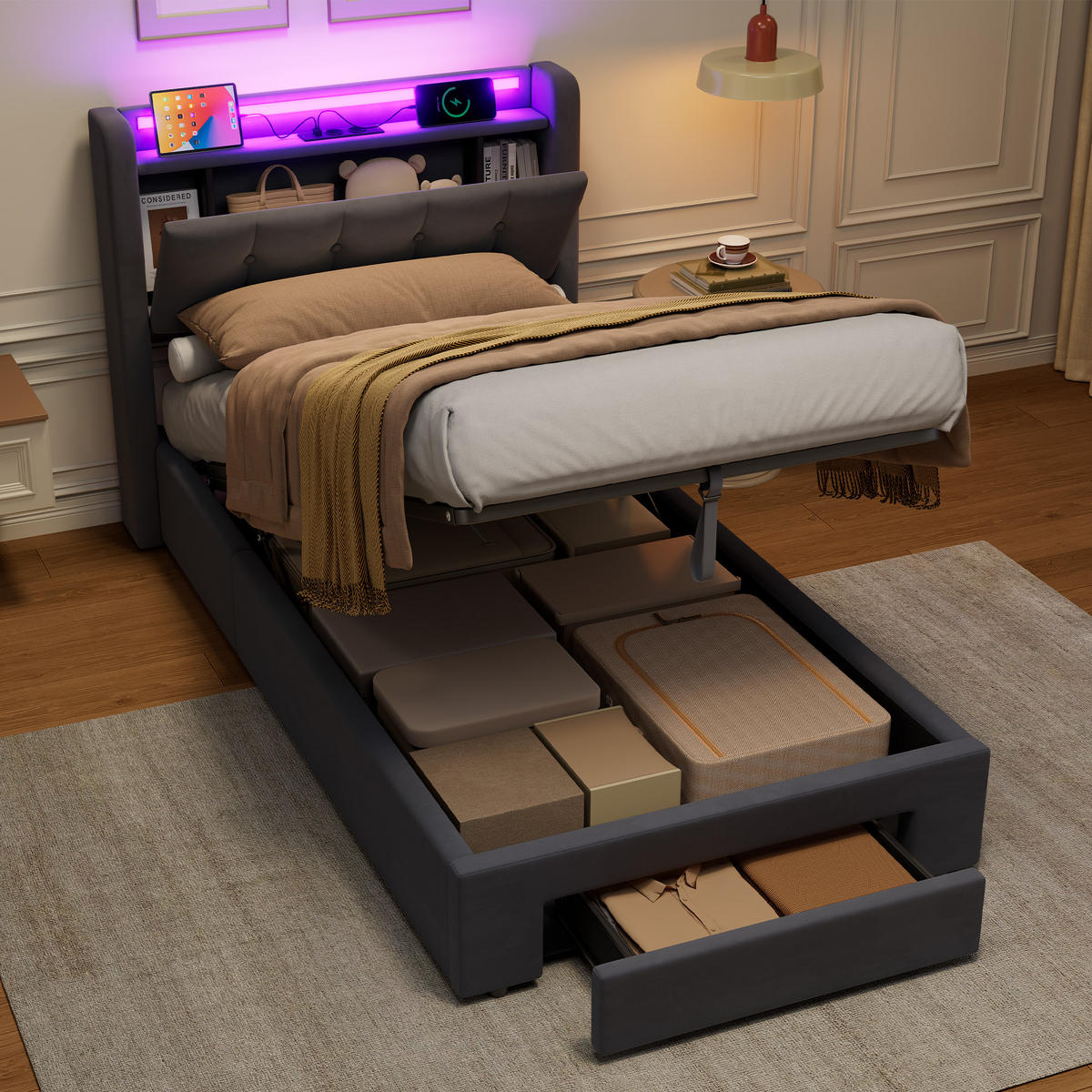 POLSTERBETT 90/190 cm mit LED Beleuchtung USB Anschlüssen und Stauraum - Grau, Textil (90/190cm) - BEAOK