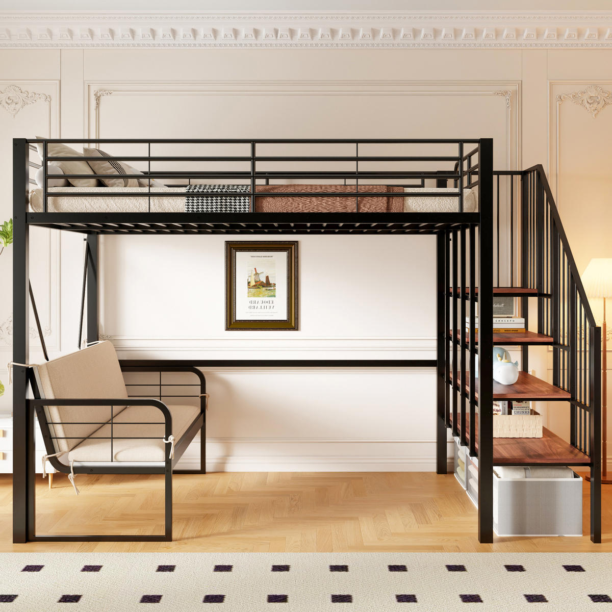 ETAGENBETT 140/200 cm, Schwarz mit Stauraum und Polstersofa - Schwarz, Metall (140/200cm) - MIVRAY
