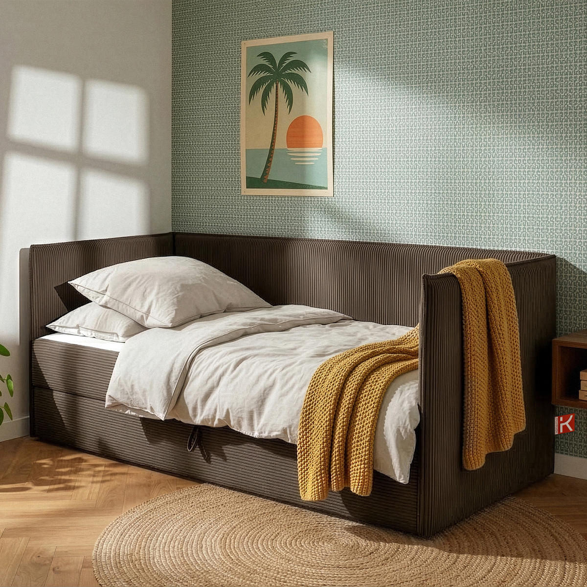 JUGENDBETT ROTI Einzelbett mit Bettkasten, 90x200cm, Bett mit Bonellmatratze, mit Rückenlehne - Schwarz/Braun, Holz/Holzwerkstoff (92/200cm) - KONSIMO®