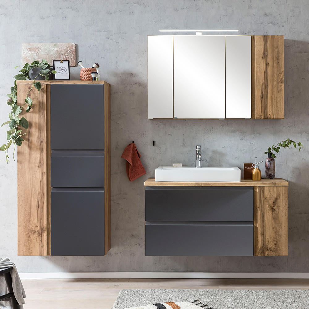 BADMÖBEL-SET 3-TLG. Vasto-03 - Grau, Holzwerkstoff (185/200/47cm) - Lomado