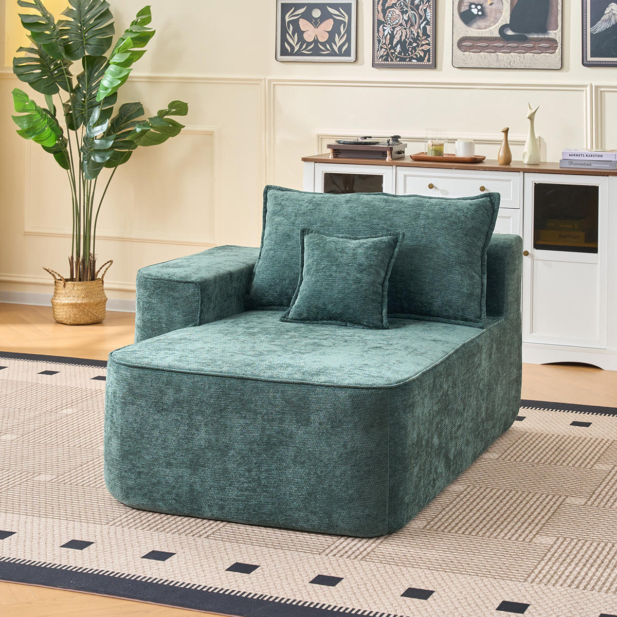 2-SITZER Sofa,Chaiselongue Sofa mit Kissen & Seitentaschen, ohne Montage, Grün - Grün, Textil (144/65/112cm)