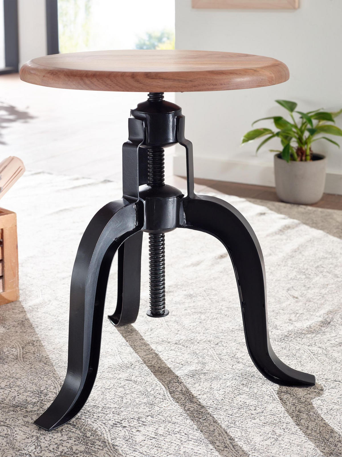 DREHHOCKER – Akazie Massivholz/Eisen, höhenverstellbar, Industrial-Stil - Schwarz/Braun, Holz/Metall (39/48/39cm) - KADIMA DESIGN
