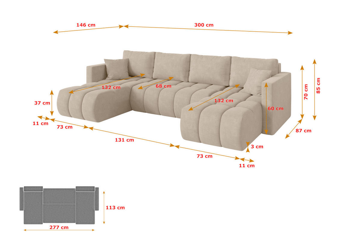 SEDACÍ SOUPRAVA DO U s funkcí spaní a úložným prostorem GARD-U 300x146x85 béžová velur - černá/Sahara, kompozitní dřevo/textil (300/85/146cm) - ALTDECOR