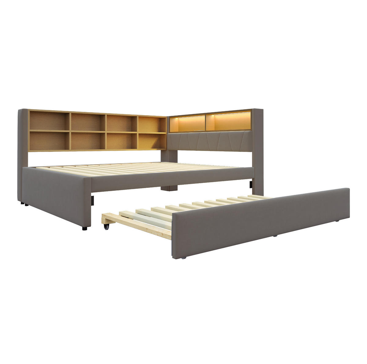 BETT mit Ausziehbett 140/200 cm und LED-Beleuchtung Dunkelgrau Flanell - Dunkelgrau, Textil (140/200cm) - OKWISH
