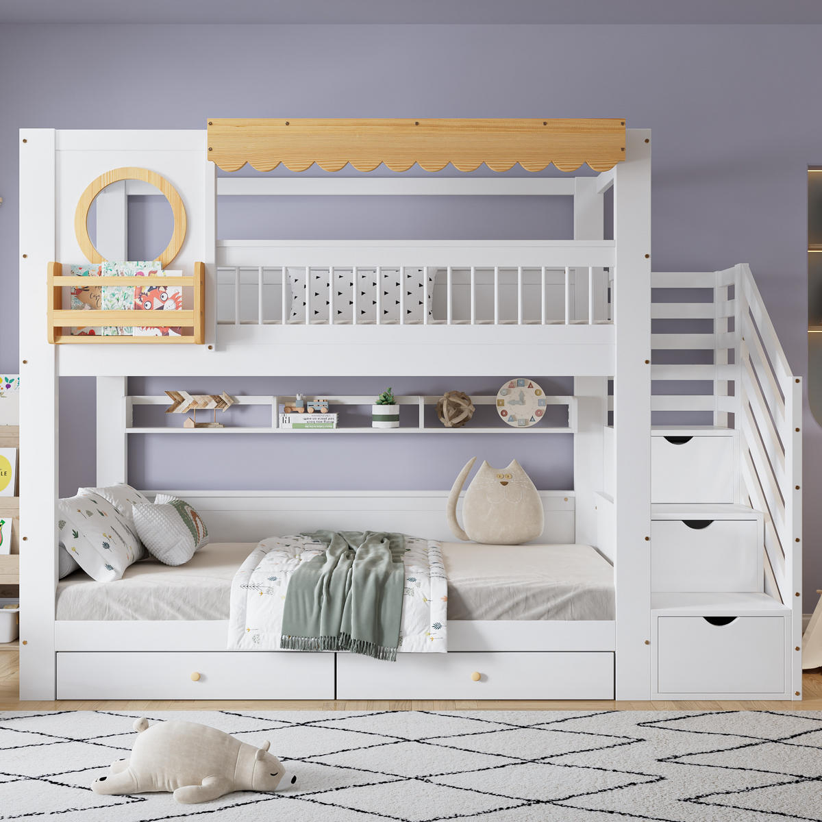 ETAGENBETT 90/200 cm in Weiß & Natur mit 2 Schubladen, Regal und Treppenschrank aus Kiefer & MDF - Weiß/Naturfarben, Holzwerkstoff (90/200cm) - STILVORA