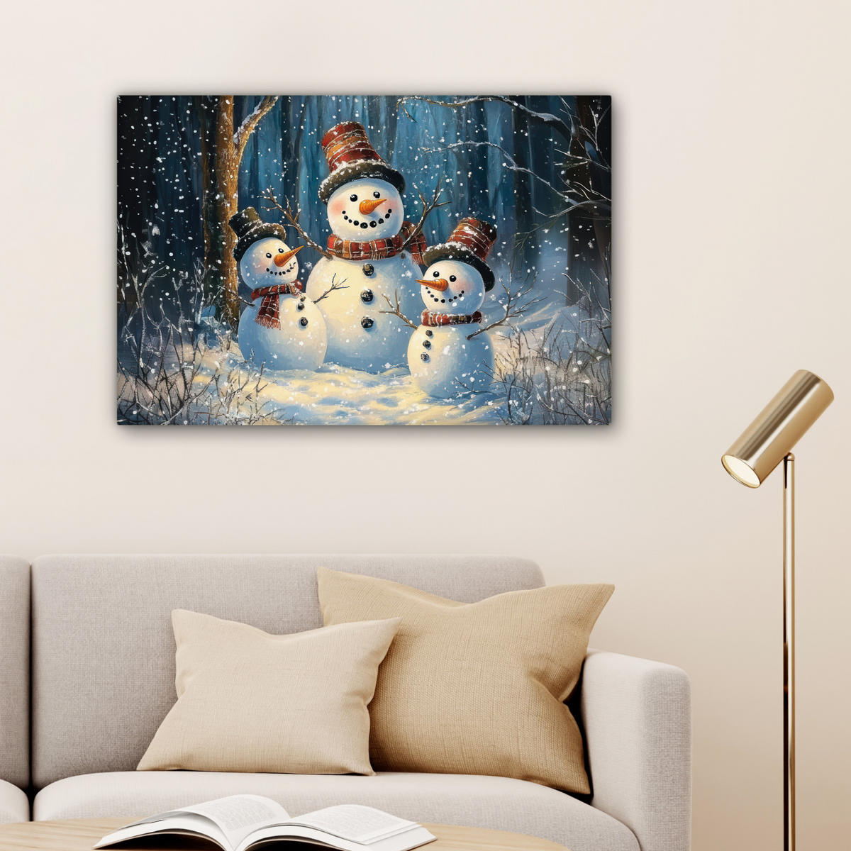 LEINWANDBILD Schneemann - Schnee - Winter - Wald Wanddeko 90x60 cm - Hellblau, Textil (90/60cm) - MuchoWow