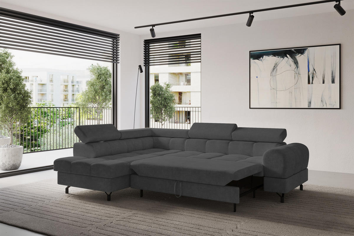 ECKSOFA mit Schlaffunktion Ottomane Links LUMA-L 272x203x70 Dunkelgrau Velours - Dunkelgrau/Schwarz, Holzwerkstoff/Kunststoff (272/203cm) - ALTDECOR