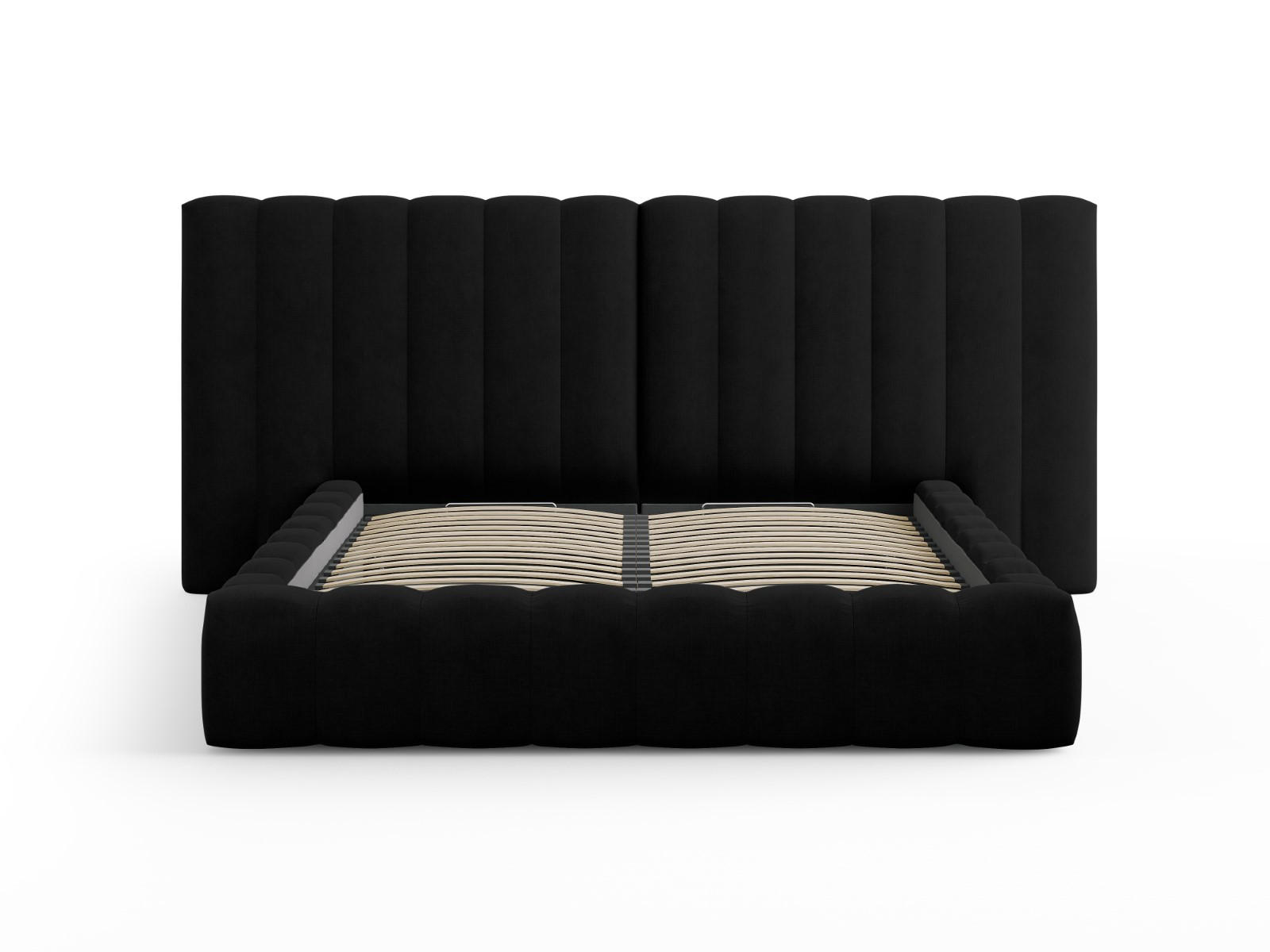 BETT mit Bettkasten und Doppelkopfteil Kelp aus strukturiertem Stoff schwarz 140x200cm - Schwarz, Textil (140/200cm) - Micadoni