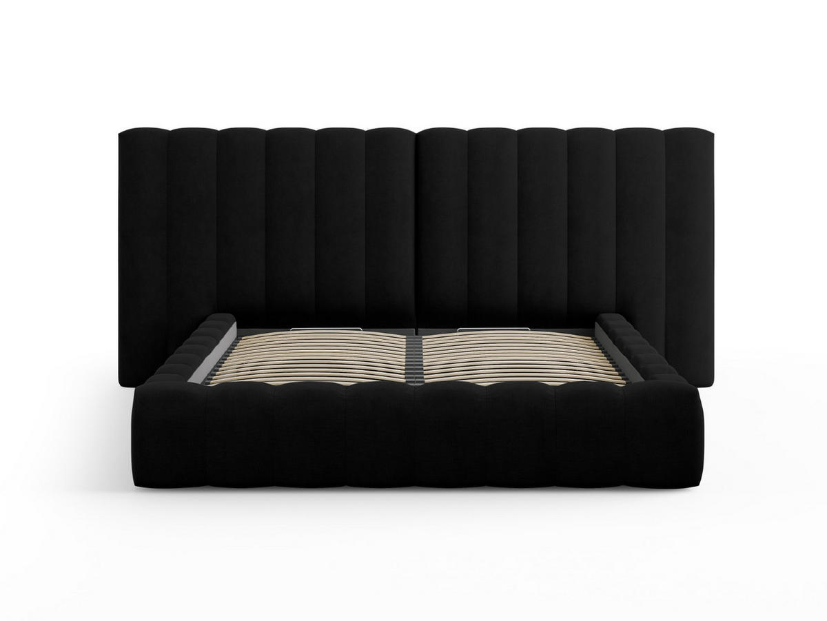 BETT mit Bettkasten und Doppelkopfteil Kelp aus strukturiertem Stoff schwarz 140x200cm - Schwarz, Textil (140/200cm) - Micadoni
