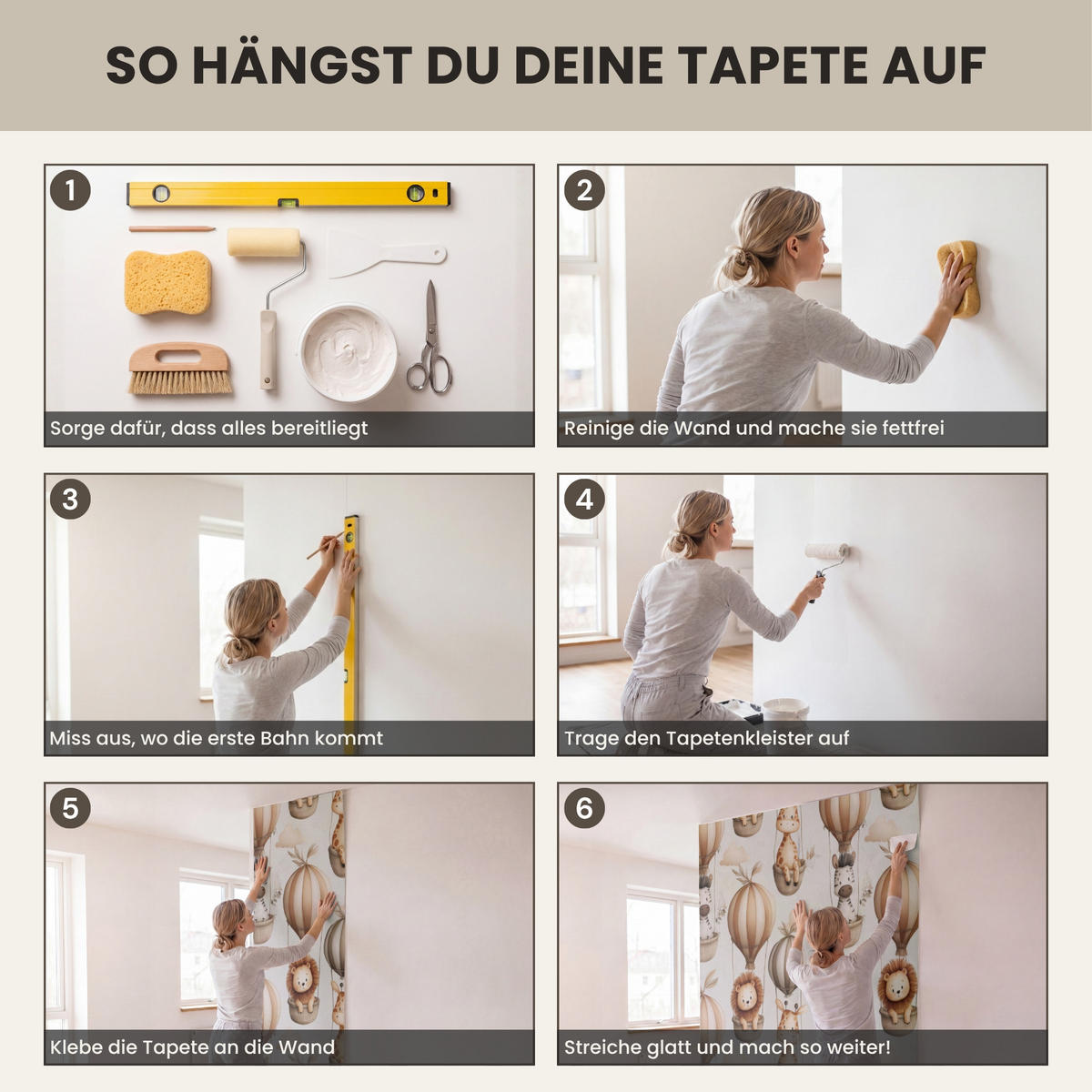 KINDERTAPETE - Safari - Heißluftballons - Taupe - 400x200 cm - Beige, Papier (400/200cm) - OnlyWow