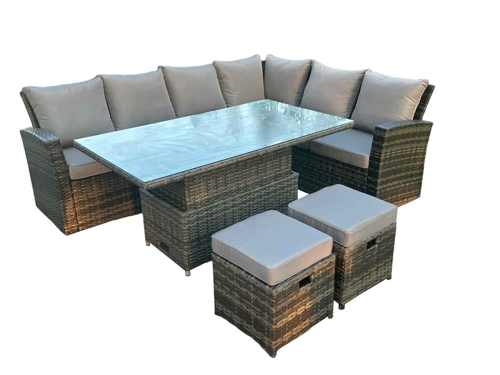 GARTENSET Polyrattan 8-Sitzer - Dunkelgrau/Grau, Glas/Kunststoff - Fimous