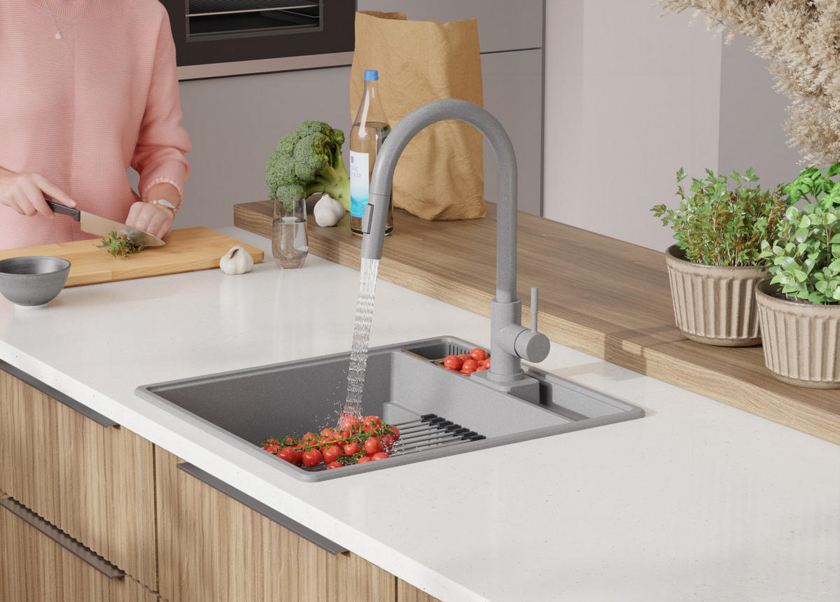 SPÜLBECKEN New York, 2-er set Grau 48/53 cm 1 Becken + Ablauf-Set + Küchenzubehörset ab 50er Unterschrank - Chromfarben/Beige, Kunststoff (48/20/53cm) - Primagran