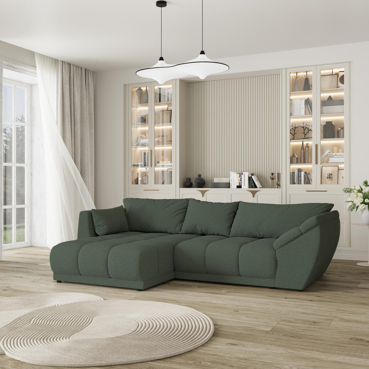 ECKSOFA ORENTI L-S Grün Boucle-Stoff mit Schlaffunktion - Grün, Holz (287/182cm) - MASSENO