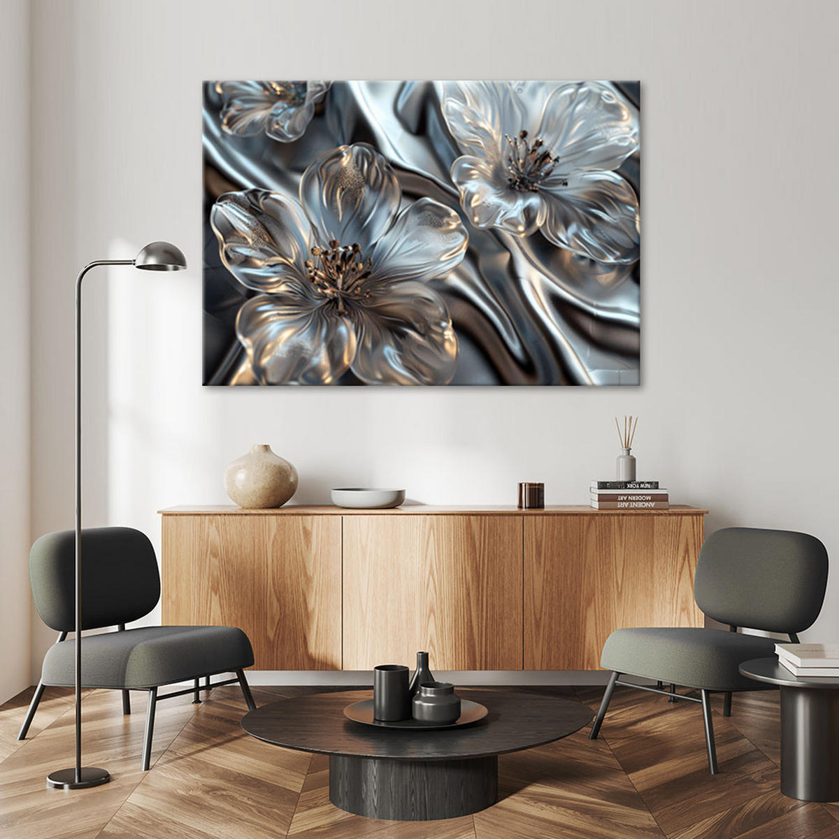 LEINWANDBILD Elegante silberne Glasblumen - Weiß, Textil (90/60cm) - Feeby