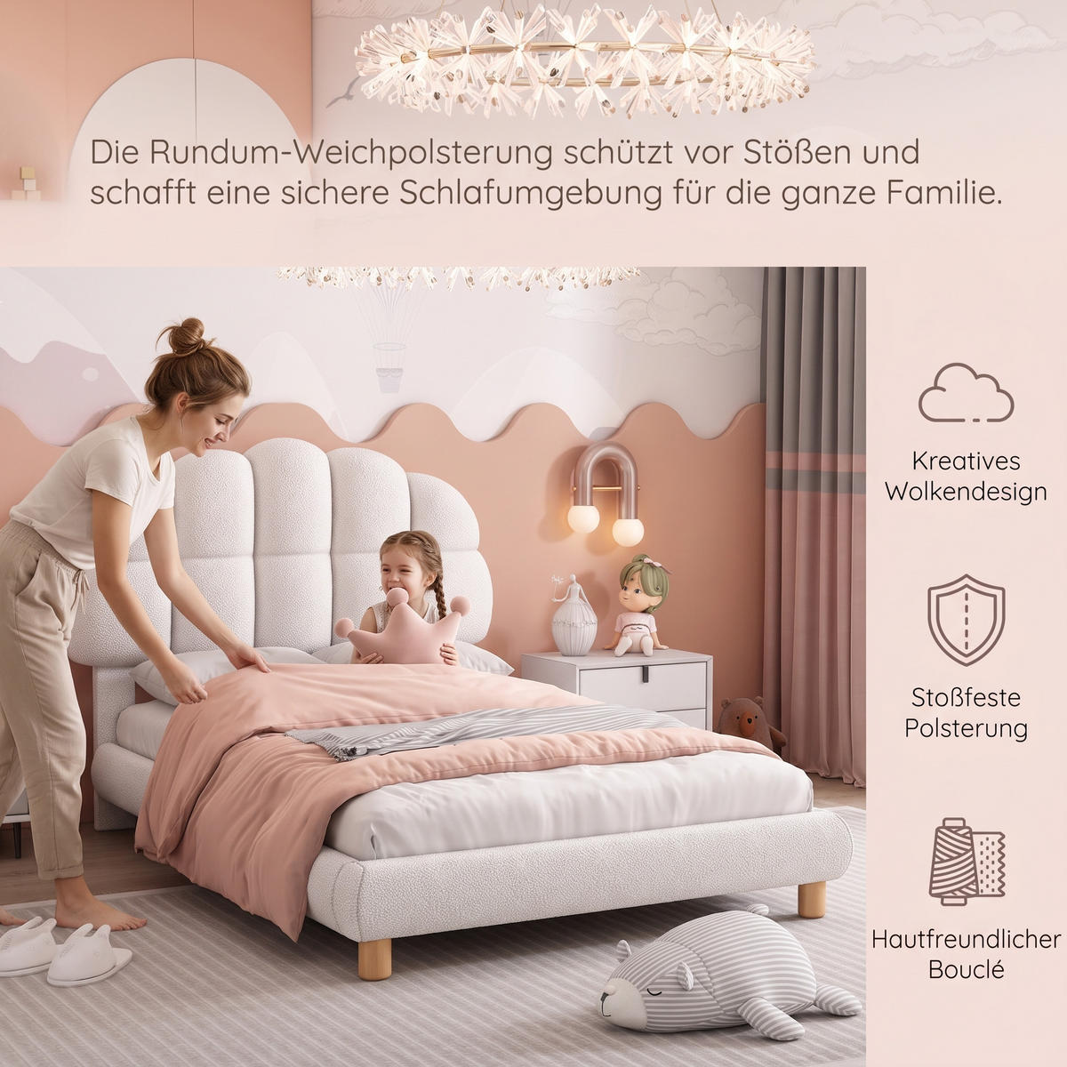 KINDERBETT 90x200 cm Polsterbett mit Verstellbares Kopfteil Weiß - Weiß/Rosa, Holz/Textil - PARAFTA HOME