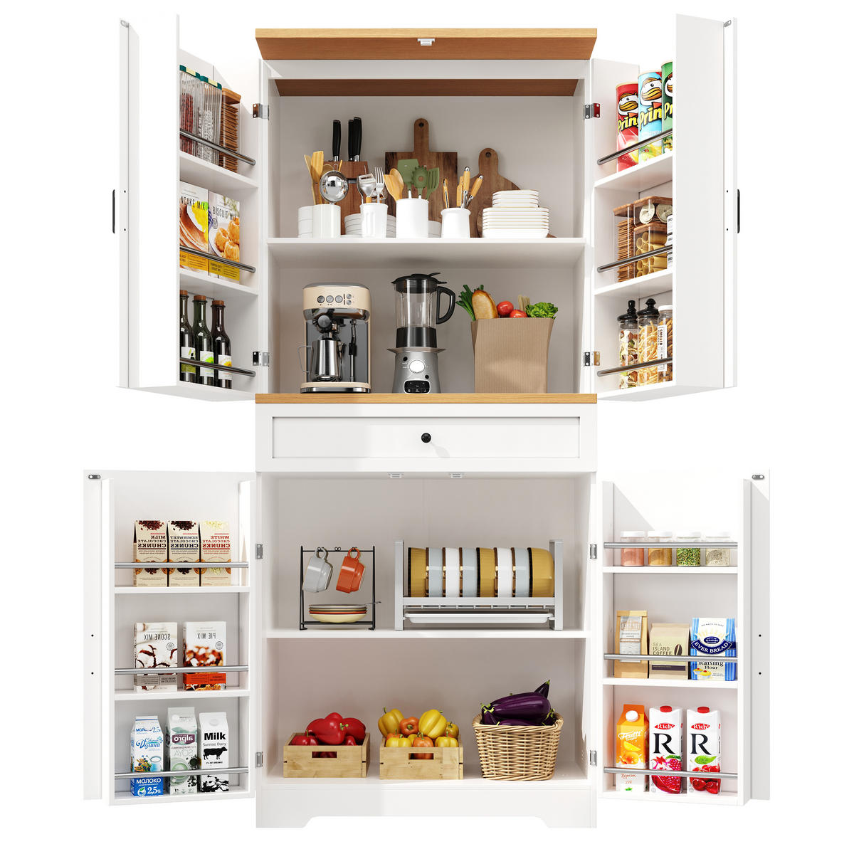 HOCHSCHRANK aus MDF in Weiß mit Holzoptik-Tischplatte, Schubladen und offenen Snack-Regalen, 80/40/180 cm, Weiß - Weiß, Holzwerkstoff (80/180/40cm) - Redom