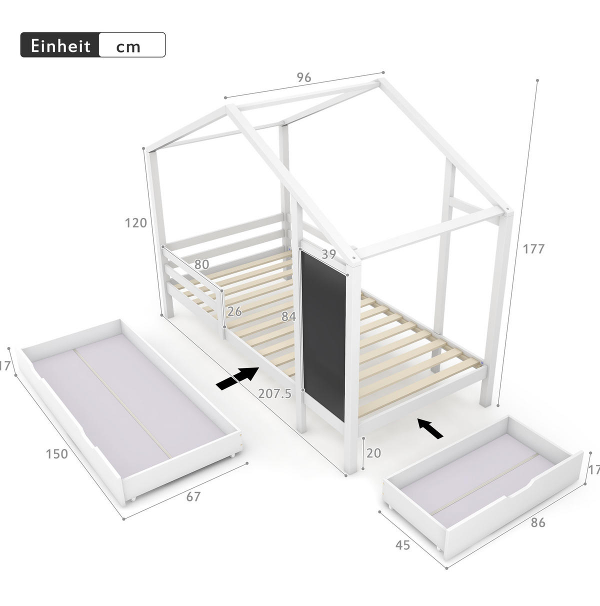 POSTELJA v obliki hiše 90/200 cm bela iz masivnega bora s tablo, 2 predaloma in letvenim dnom - bela, les (90/200cm) - OKWISH