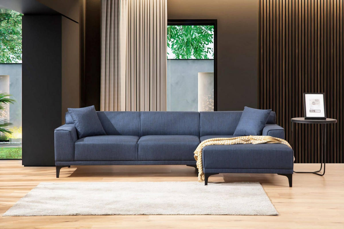 ECKSOFA modern inklusive Zierkissen - Blau/Schwarz, Holz/Kunststoff (145/250cm) - myHomelando