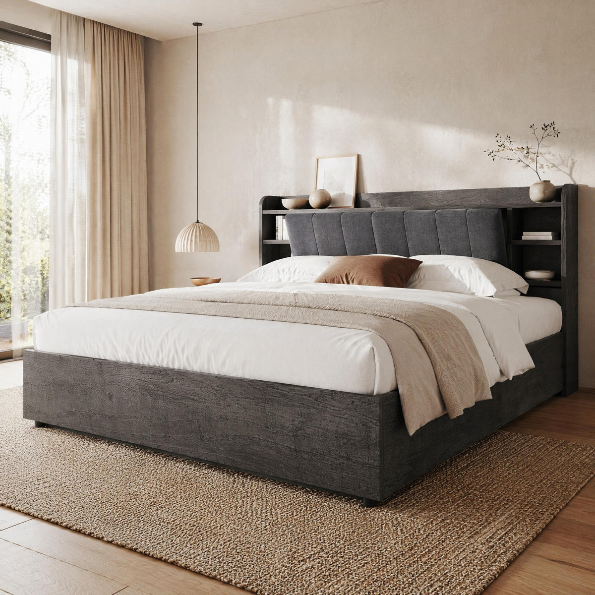 JUGENDBETT 180/200 mit Bettkasten, USB, Type-C und Stauraum am Kopfteil in Grau - Grau, Holzwerkstoff/Metall (180/200cm) - EVRYAE