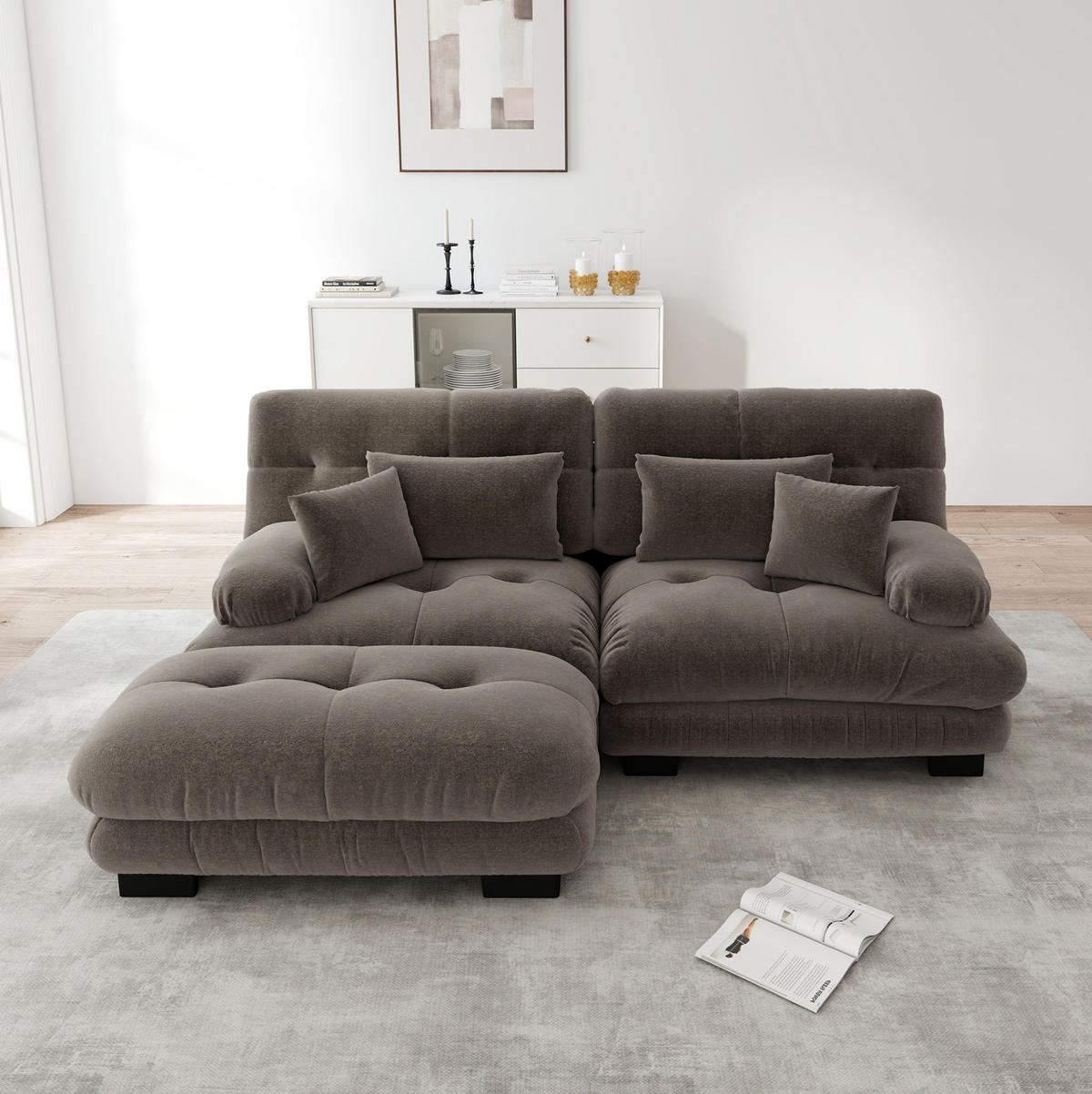 SOFA modular Chenille Brown mit Ottomane und Kissen - Dunkelgrau, Holzwerkstoff (145/220cm) - Meubliv