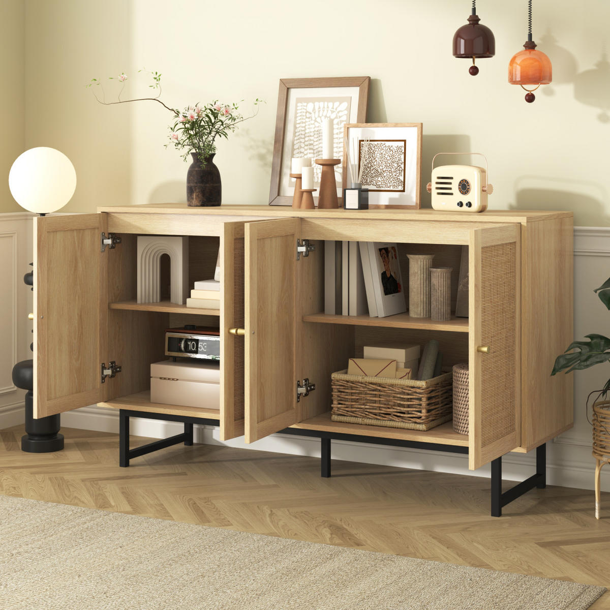 SIDEBOARD 140x39x80 cm Echtes Rattangeflecht, 4 Türen, Metallbeine, Aufbewahrung - Naturfarben, Holz (140/80/40cm) - PARAFTA HOME