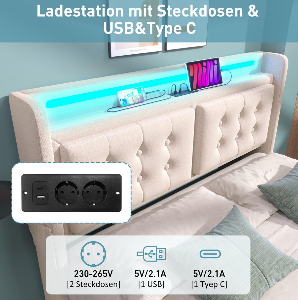 POLSTERBETT 180/200 cm mit LED-Beleuchtung, USB-C, Steckdose und Bettkasten aus Baumwoll-Leinen, Beige - Beige, Textil (180/200cm) - Redom