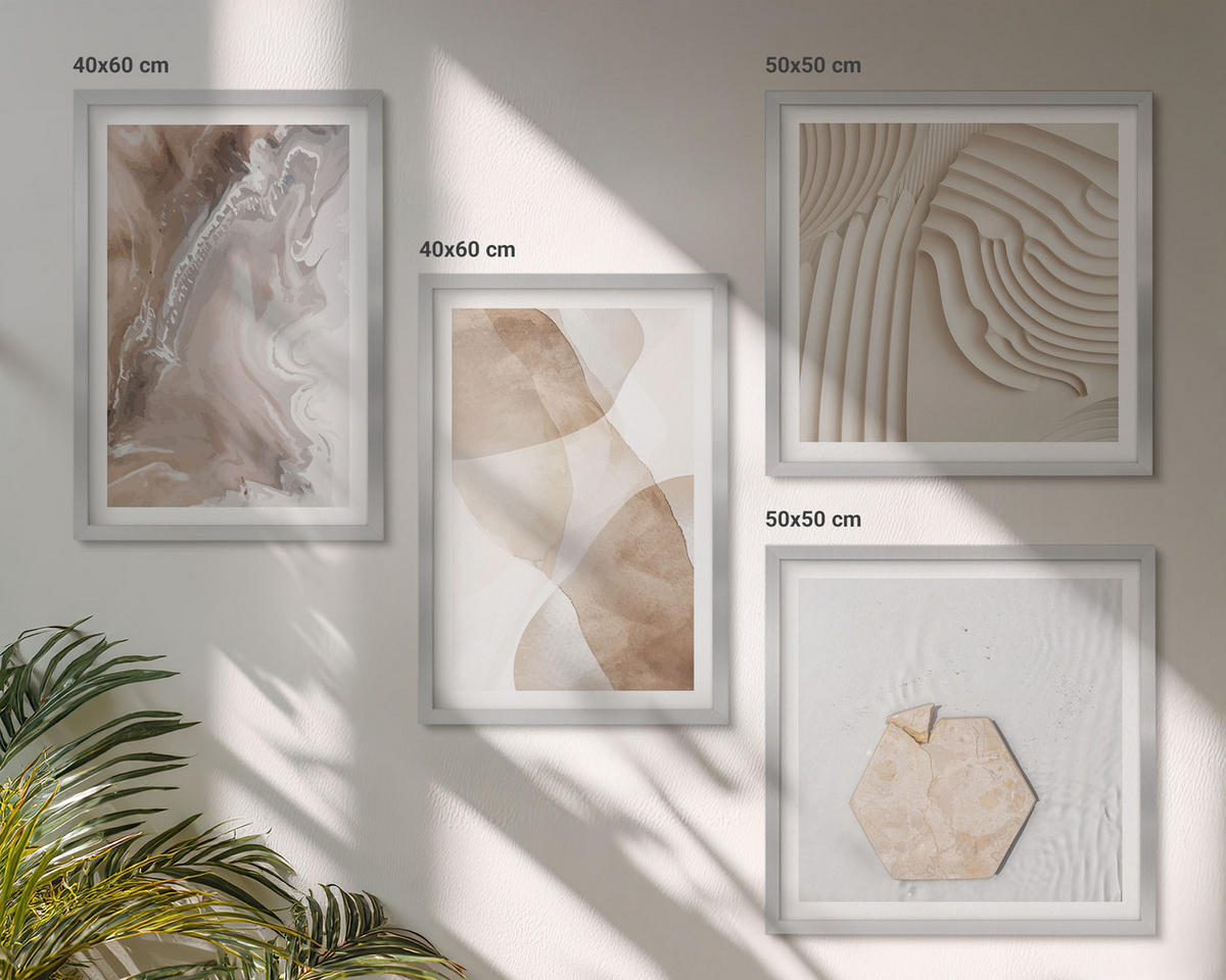 WANDBILDER 4er Set - 50x50 cm & 40x60 cm Silberner Rahmen - Abstrakte bemalte Strukturen - Silberfarben, Kunststoff (50/50cm) - ArtPrintCave