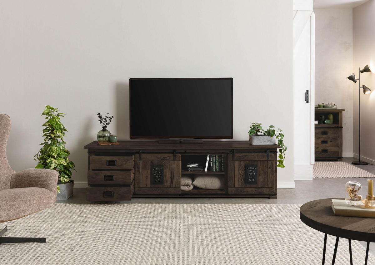 TV-BOARD Mango 220x55x60 grau lackiert RAILWAY #266 - Grau, Holz (220/60/55cm) - Massivmoebel24