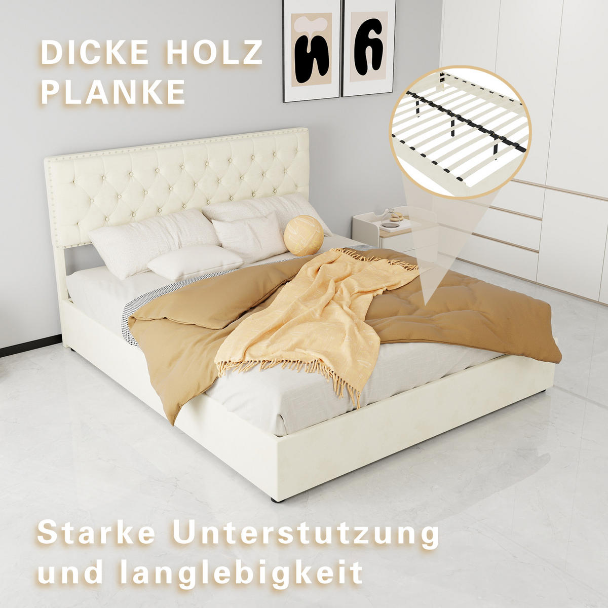 STAURAUMBETT 160/200 cm DE-35445 mit Gaslift-Staufach Beige - Beige, Metall (160/200cm) - ComfortXL