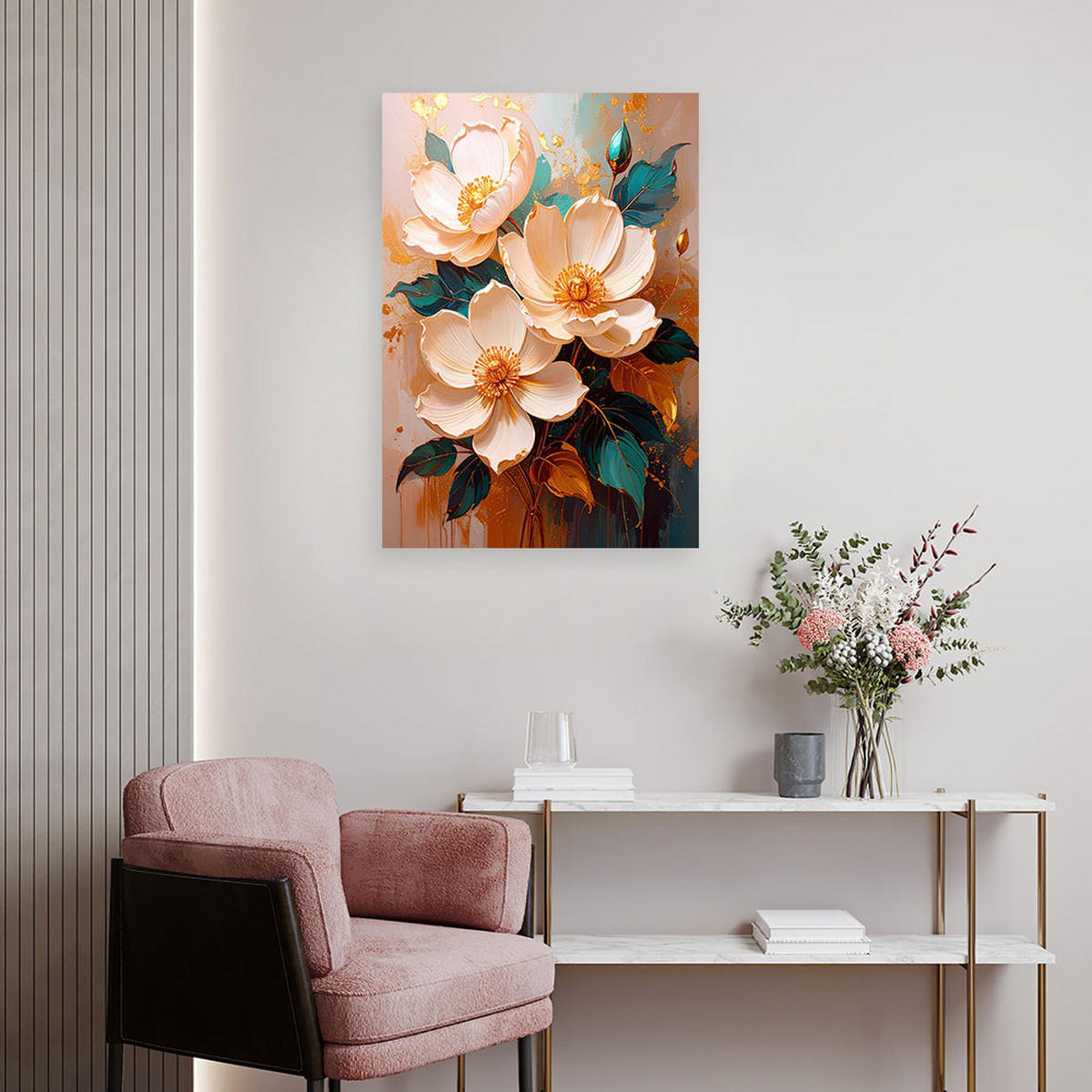 WANDBILD, Cremefarbene Blumen mit türkisfarbenen Blättern auf einem warmen Hintergrund - Beige, Textil (30/45cm) - Feeby