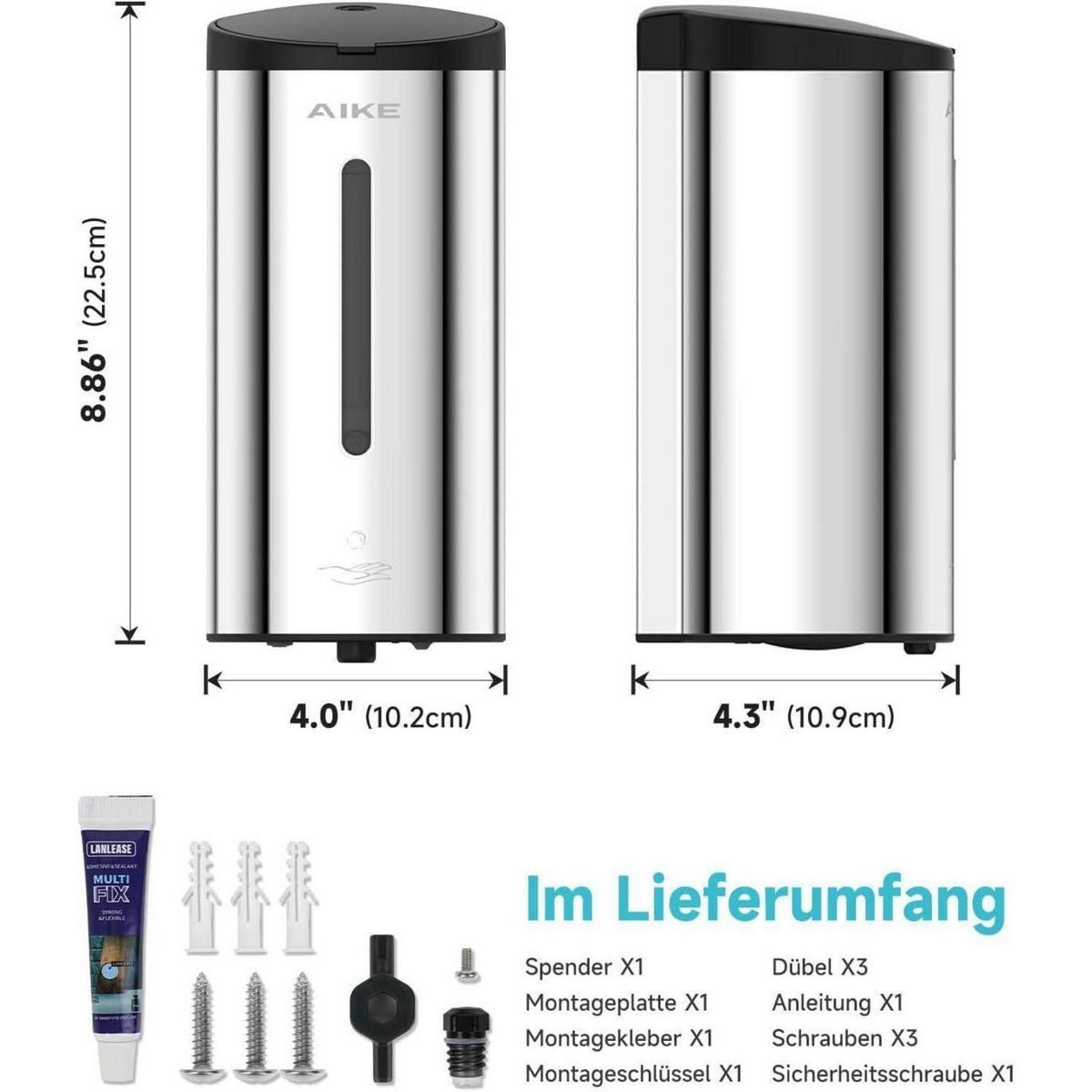 SCHAUMSEIFENSPENDER Edelstahl Hochglanz 750ML Wandmontage - Silberfarben, Metall (10.9/10.8/22.1cm)