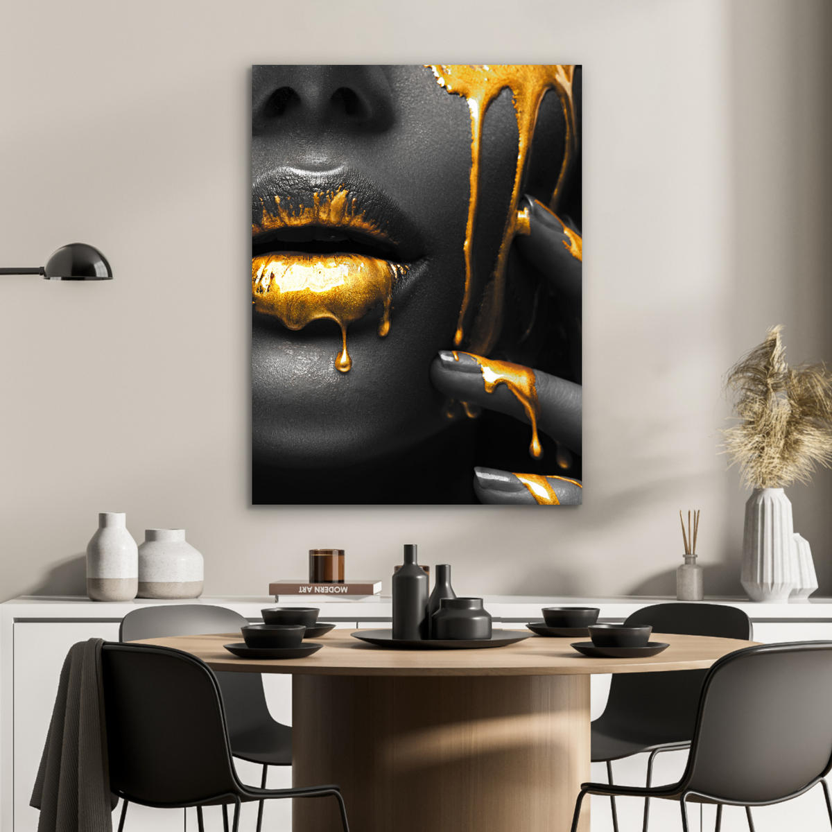METALLBILD Frau - Schwarz - Gold - Gesicht - Lippen 60x80 cm - Goldfarben, Metall (60/80cm) - MuchoWow
