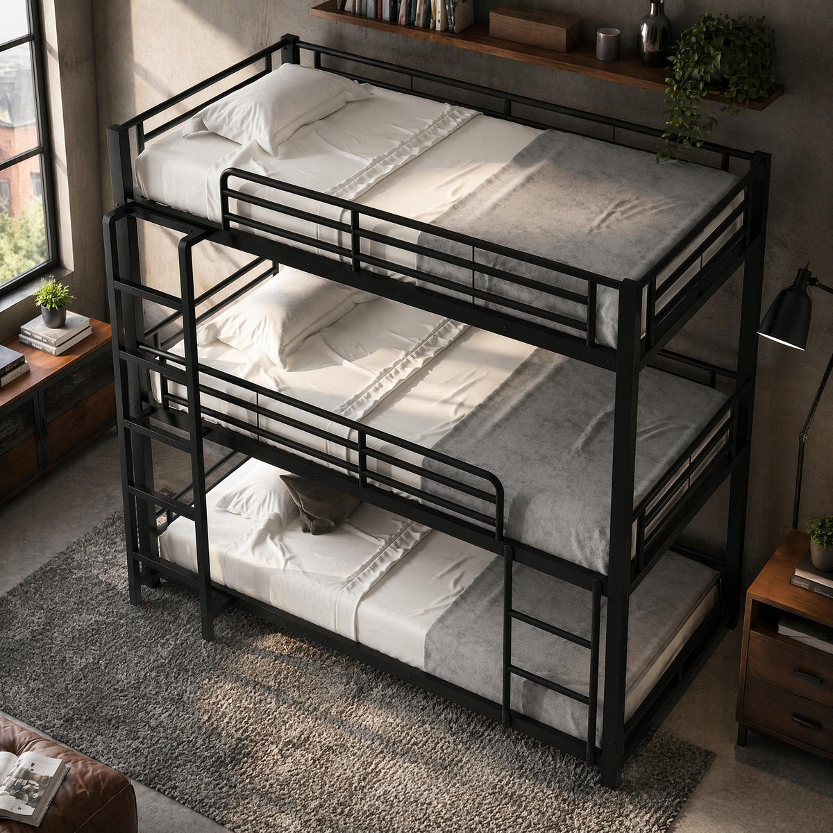 ETAGENBETT 90/200 mit Sicherheitsgeländer und Metallrahmen in Schwarz - Schwarz, Metall (90/200cm) - EVRYAE