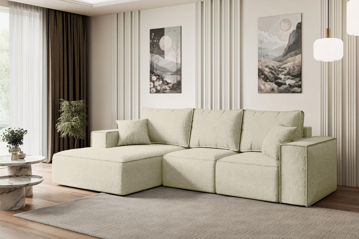ECKSOFA mit Schlaffunktion und Bettkasten SERRA-L-S - 266x161x87 cm Beige Bouclé - Beige/Schwarz, Holzwerkstoff/Kunststoff (266/161cm) - ALTDECOR