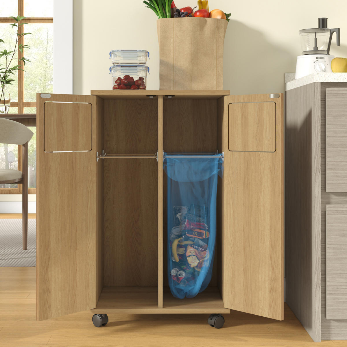 MÜLLTRENNSCHRANK aus MDF 46x35x80 cm in Natur mit 2 Fächern, Rollen und Edelstahlhalter - Naturfarben, Holzwerkstoff (46/80/35cm) - IVMEU